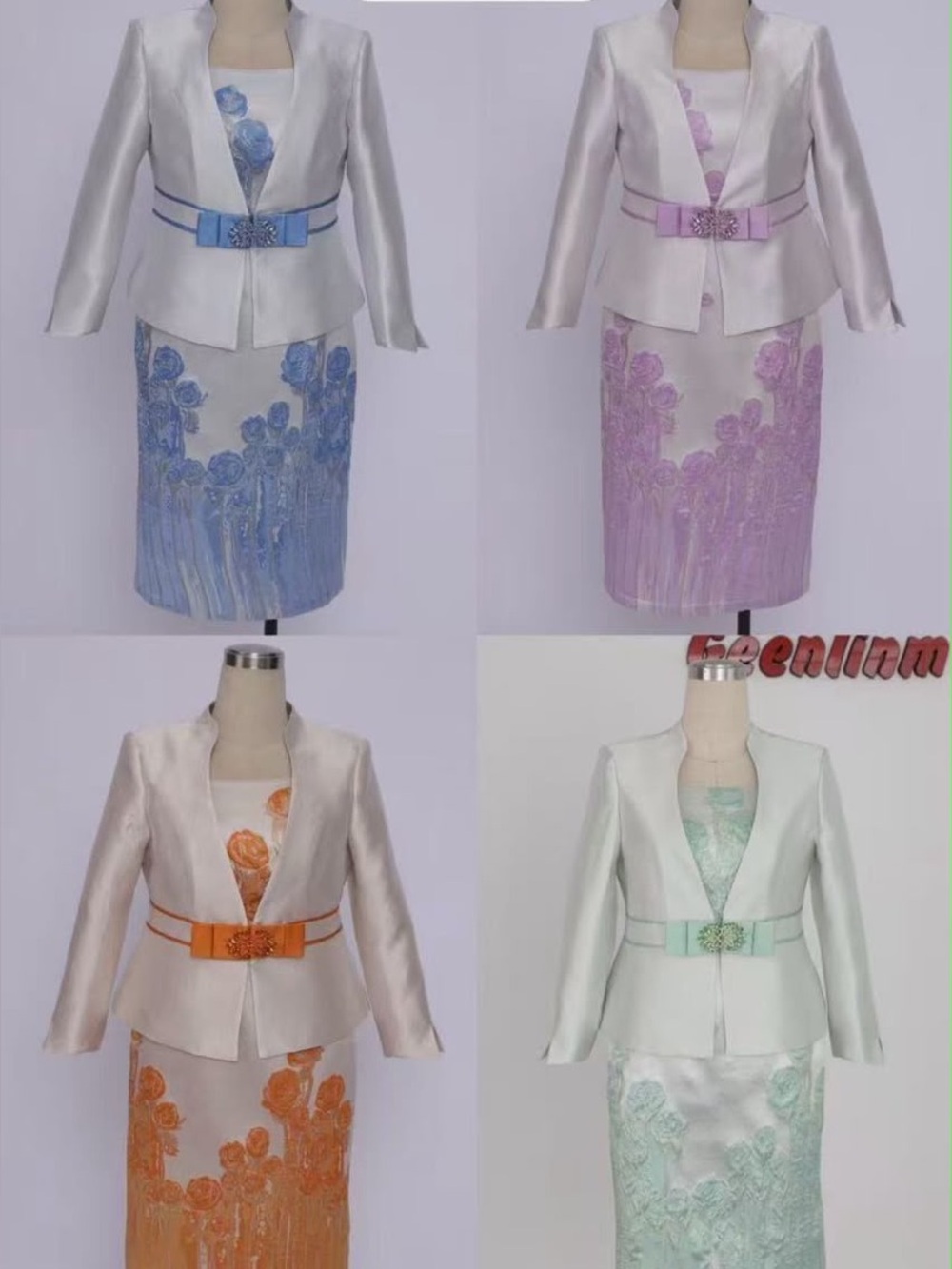 Elegant Women's Satin Jacket & Lace Dress Set - Blue / Pink / Orange / Mint